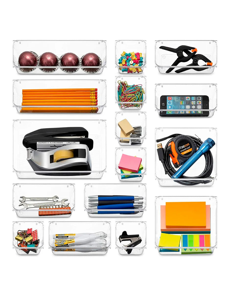 organizadores 25 transparentes Brandtrendy en 4 tamaños diferentes: apilables, duraderos y fáciles de limpiar. Perfectos para mantener en orden cajones de casa, oficina o escuela. ¡Organización práctica con estilo!