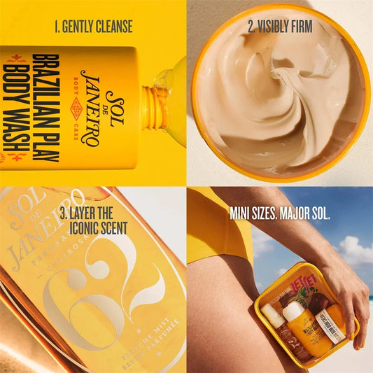 Set Sol de Janeiro: incluye mist de perfume 30ml, aceite de ducha 90ml y manteca corporal 50ml. Fragancias irresistibles y cuidado duradero para cabello y piel. ¡Luce y huele espectacular todo el día!