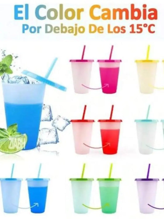 Vasos Mágicos 700 ml que Cambian de Color (10 pcs) Set de 10 vasos mágicos de 700 ml con tapa y popote. Cambian de color al contacto con la bebida, divertidos y prácticos para jugos, café frío, soda y más. Perfectos para fiestas o uso diario.