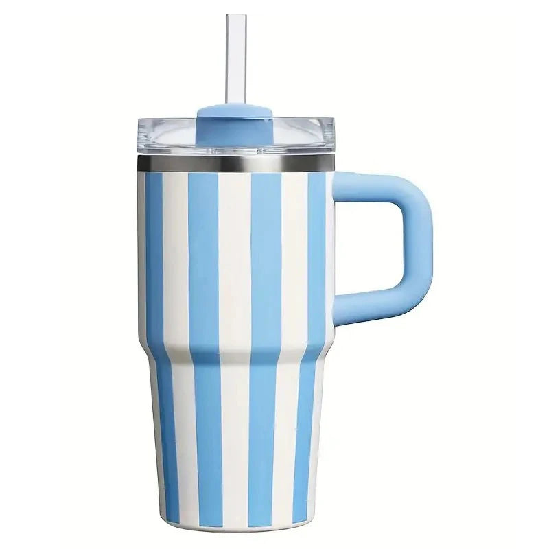 “Taza térmica retro estilo cerámica de 20oz, acero inoxidable con rayas, asa resistente y gran capacidad para café o bebidas en el coche.”
