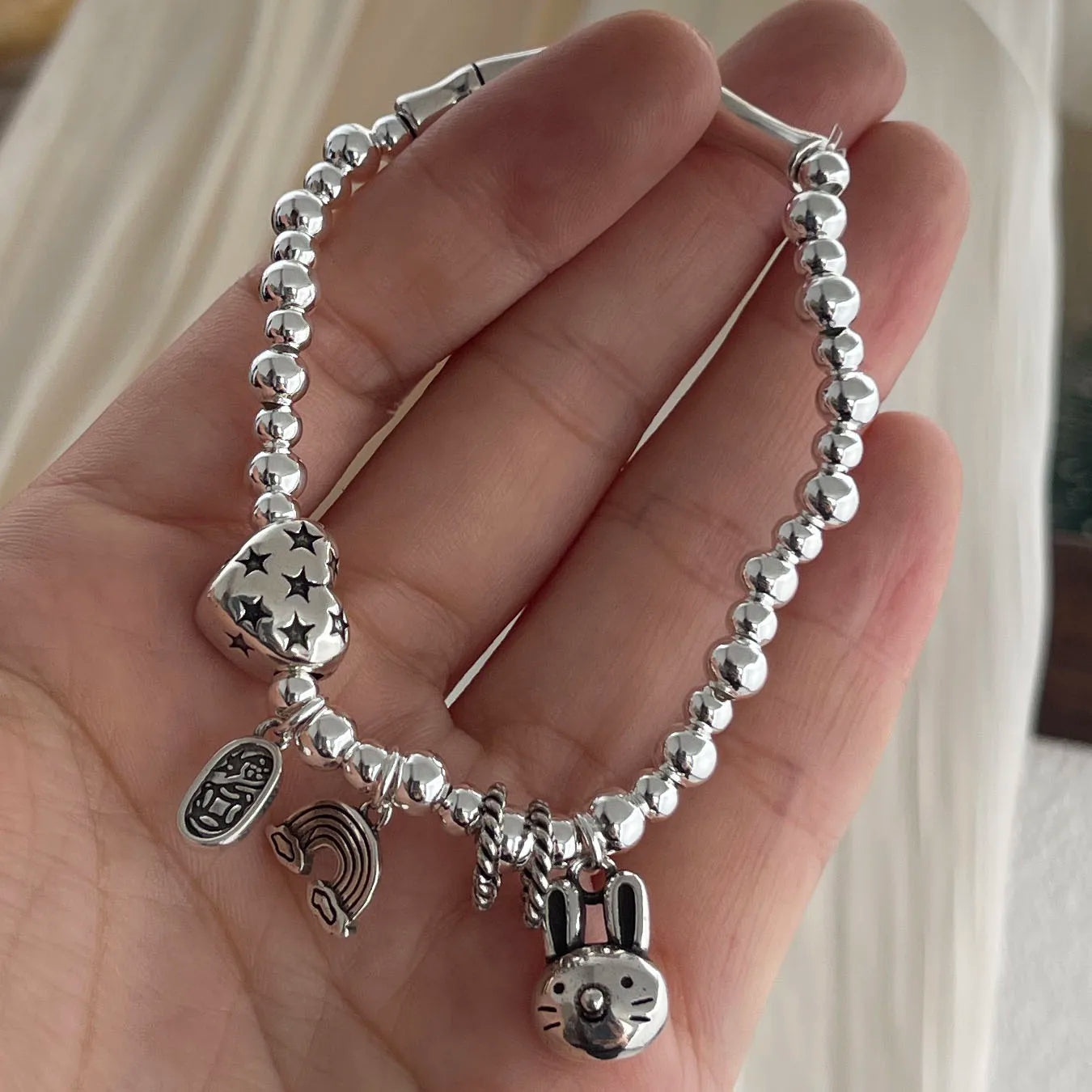 Pulseras de plata 925 para mujer y hombre, accesorios de moda vintage con cuentas y dije, joyería de fiesta