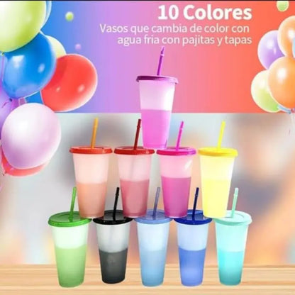 Vasos Mágicos 700 ml que Cambian de Color (10 pcs) Set de 10 vasos mágicos de 700 ml con tapa y popote. Cambian de color al contacto con la bebida, divertidos y prácticos para jugos, café frío, soda y más. Perfectos para fiestas o uso diario.