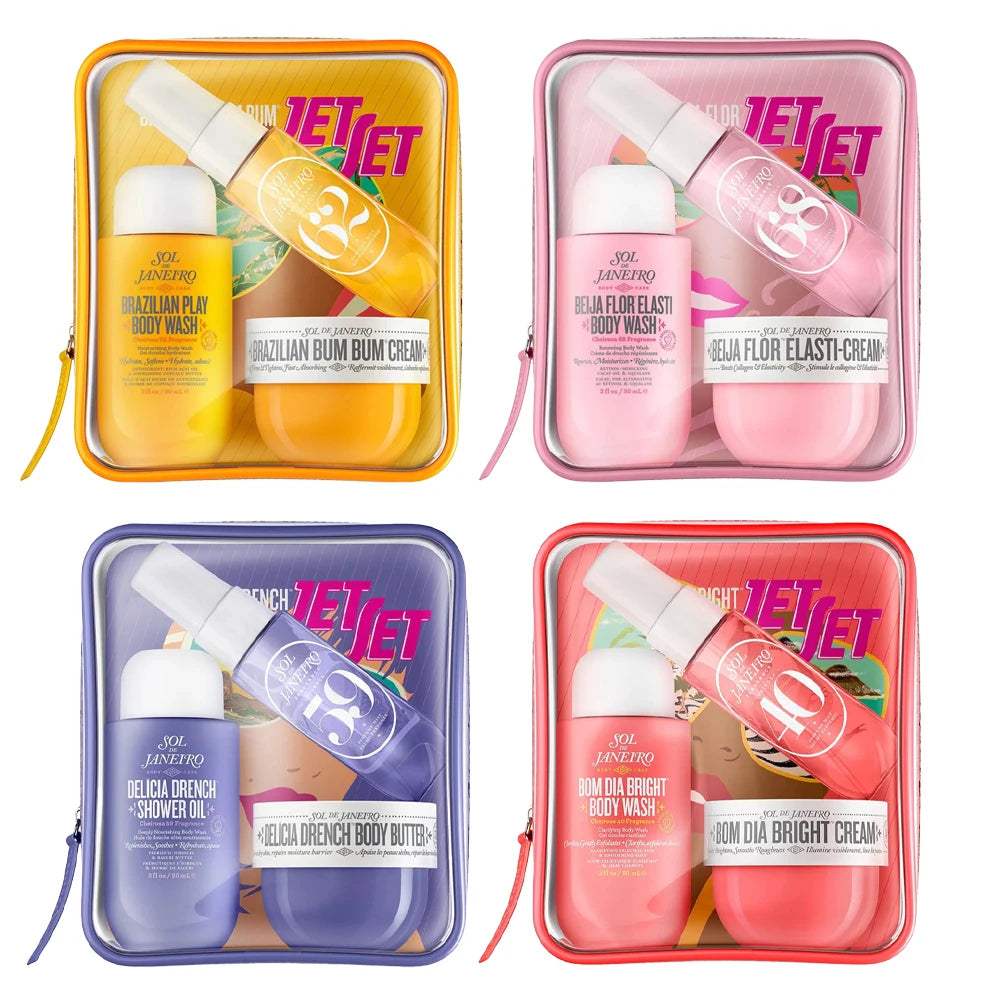 Set Sol de Janeiro: incluye mist de perfume 30ml, aceite de ducha 90ml y manteca corporal 50ml. Fragancias irresistibles y cuidado duradero para cabello y piel. ¡Luce y huele espectacular todo el día!