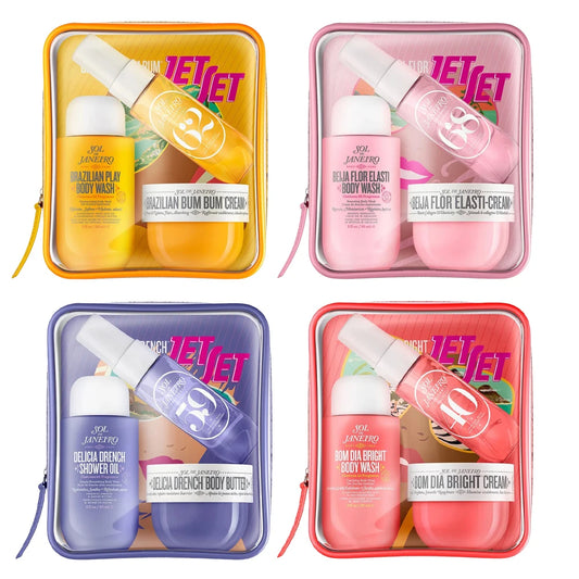 Set Sol de Janeiro: incluye mist de perfume 30ml, aceite de ducha 90ml y manteca corporal 50ml. Fragancias irresistibles y cuidado duradero para cabello y piel. ¡Luce y huele espectacular todo el día!