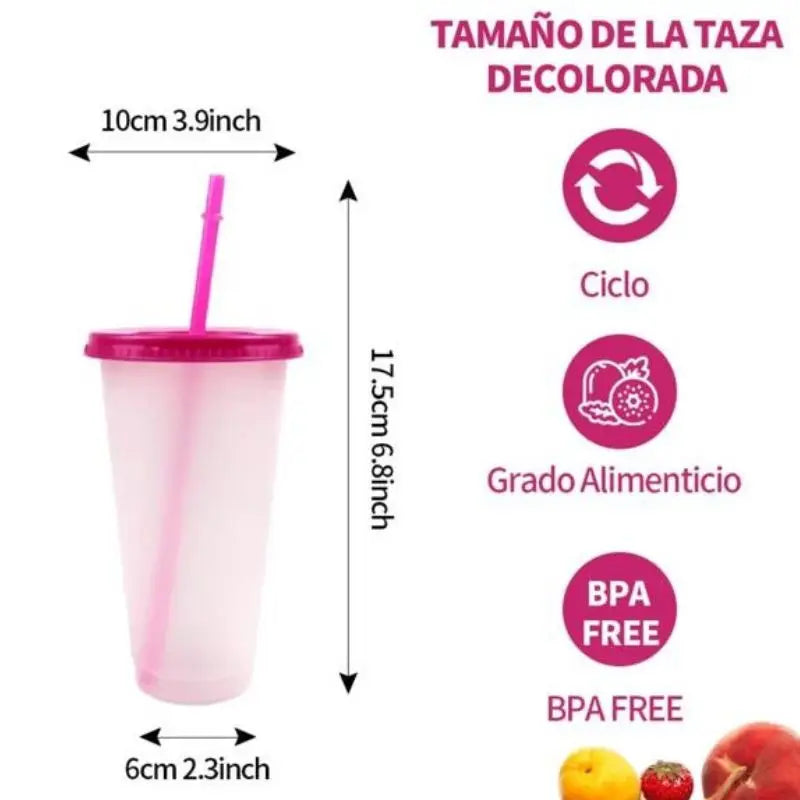 Vasos Mágicos 700 ml que Cambian de Color (10 pcs) Set de 10 vasos mágicos de 700 ml con tapa y popote. Cambian de color al contacto con la bebida, divertidos y prácticos para jugos, café frío, soda y más. Perfectos para fiestas o uso diario.
