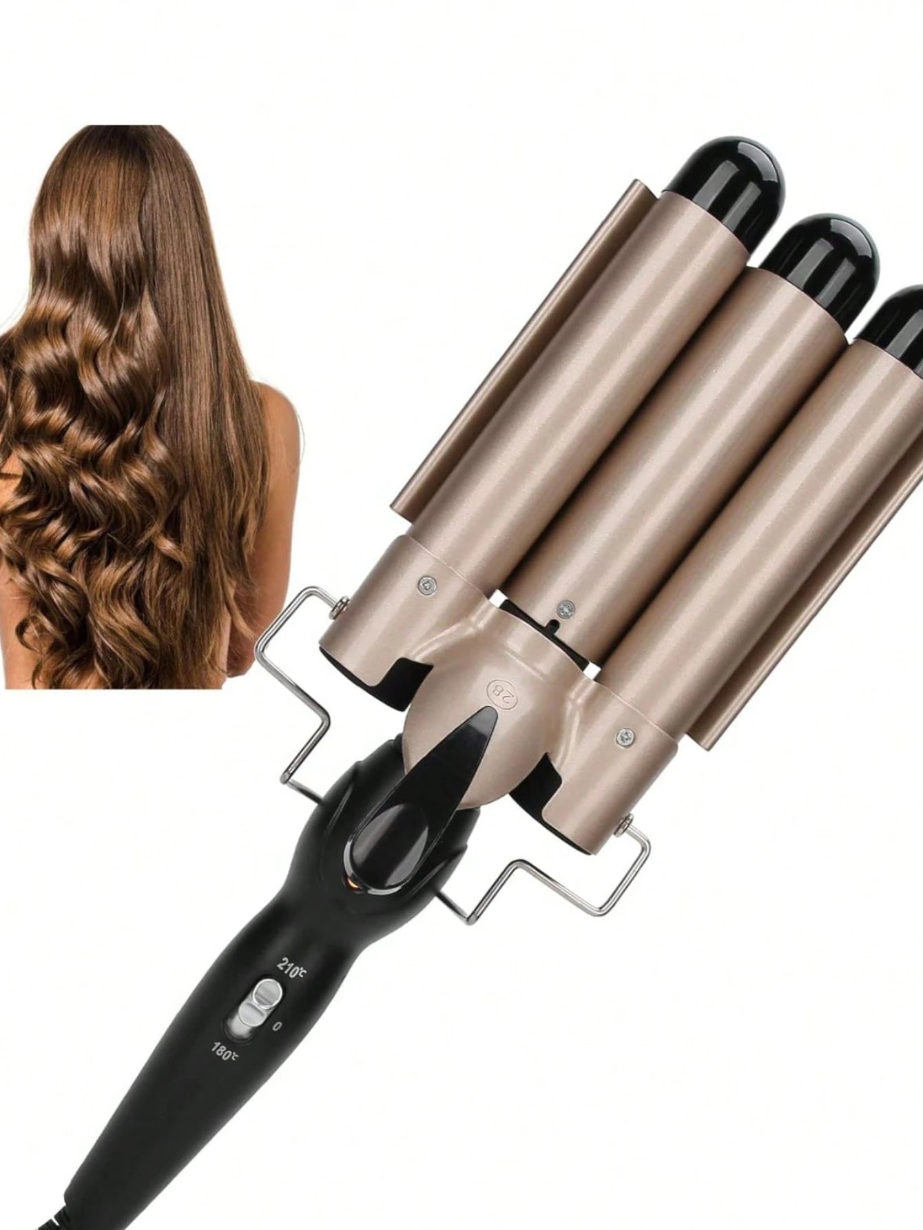 Rizadora Triple Barril 180°–210° Herramienta eléctrica para ondas definidas con temperatura ajustable de 180° a 210°. Diseño seguro anti-flama, ideal para peinados duraderos estilo francés en casa o barbería.