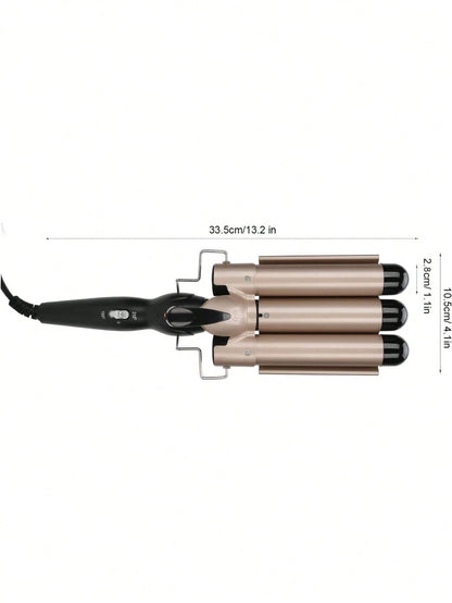 Rizadora Triple Barril 180°–210° Herramienta eléctrica para ondas definidas con temperatura ajustable de 180° a 210°. Diseño seguro anti-flama, ideal para peinados duraderos estilo francés en casa o barbería.