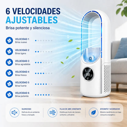 Mini ventilador sin aspas con humidificador y control digital de 6 niveles. Compacto, moderno y silencioso, ideal para refrescar cualquier espacio con comodidad y estilo.