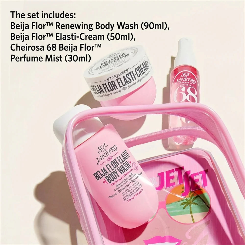 Set Sol de Janeiro: incluye mist de perfume 30ml, aceite de ducha 90ml y manteca corporal 50ml. Fragancias irresistibles y cuidado duradero para cabello y piel. ¡Luce y huele espectacular todo el día!