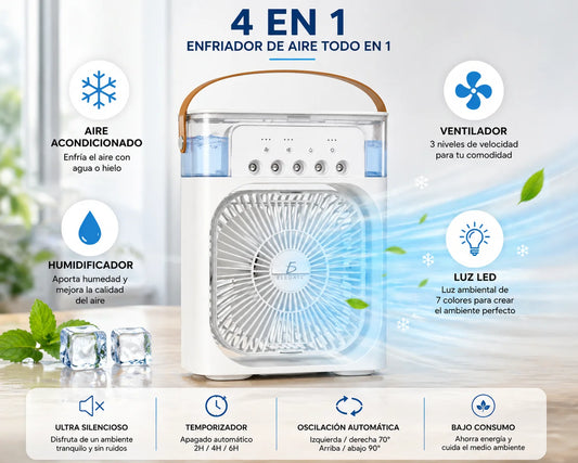 Abanico Mini aire acondicionado portátil USB con tanque de agua: 4 en 1 (ventilador, humidificador, luz LED). Con 3 velocidades, oscilación automática y temporizador de 2-6 horas. ¡Fresco, práctico y compacto para cualquier espacio!