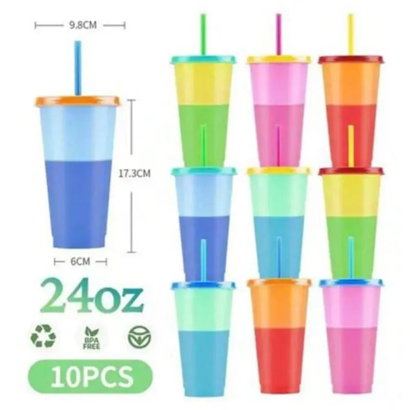 Vasos Mágicos 700 ml que Cambian de Color (10 pcs) Set de 10 vasos mágicos de 700 ml con tapa y popote. Cambian de color al contacto con la bebida, divertidos y prácticos para jugos, café frío, soda y más. Perfectos para fiestas o uso diario.