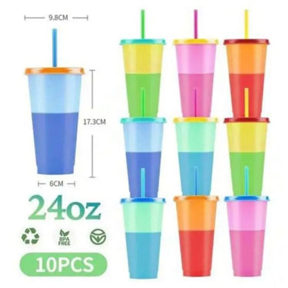 Vasos Mágicos 700 ml que Cambian de Color (10 pcs) Set de 10 vasos mágicos de 700 ml con tapa y popote. Cambian de color al contacto con la bebida, divertidos y prácticos para jugos, café frío, soda y más. Perfectos para fiestas o uso diario.