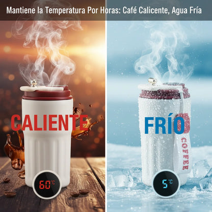 Termo inteligente de acero inoxidable 316 con pantalla LED de temperatura, 450ml. Mantiene café, té o agua a la temperatura ideal. Portátil, hermético y perfecto para oficina, gimnasio o viajes. ¡Tecnología y estilo en cada sorbo!
