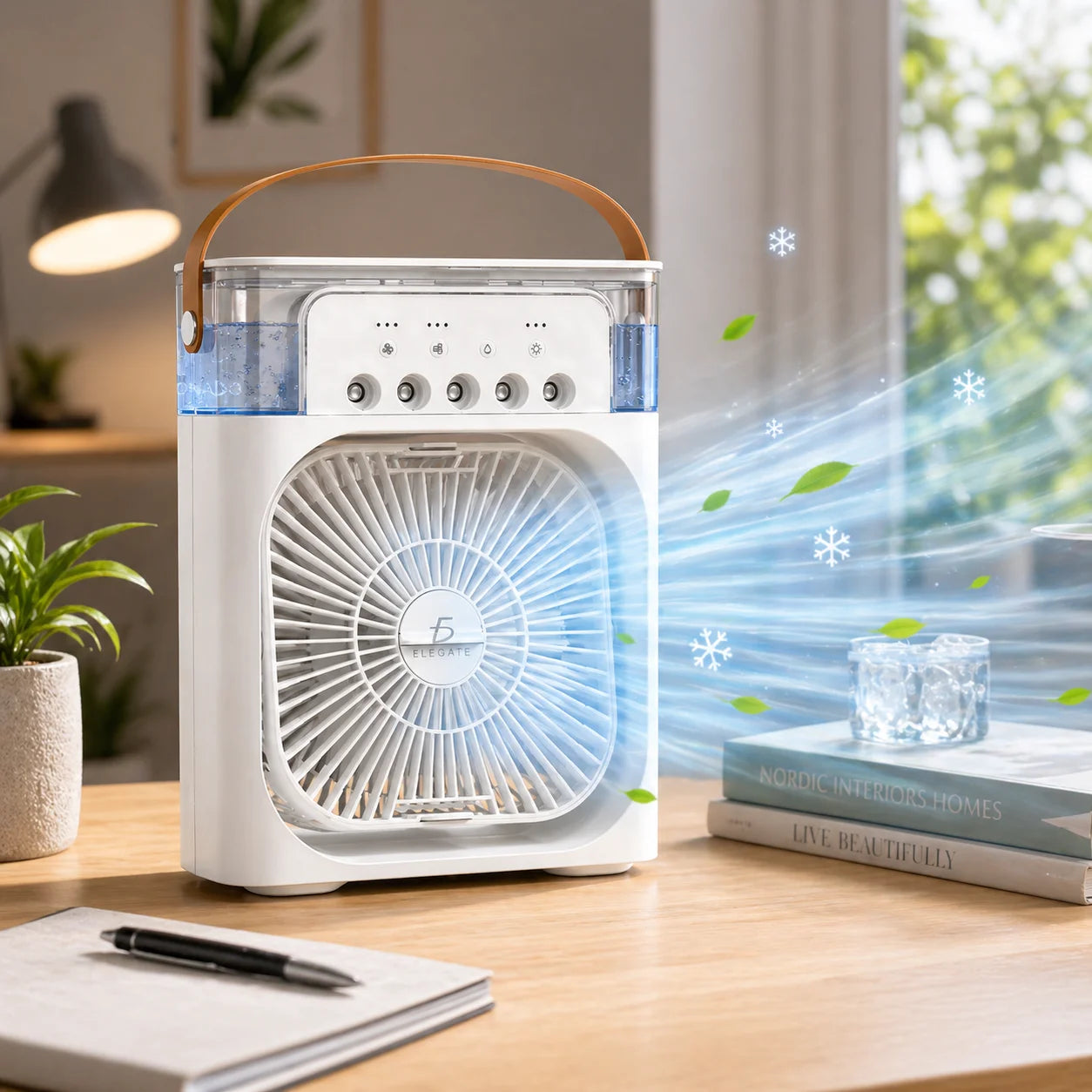 Abanico Mini aire acondicionado portátil USB con tanque de agua: 4 en 1 (ventilador, humidificador, luz LED). Con 3 velocidades, oscilación automática y temporizador de 2-6 horas. ¡Fresco, práctico y compacto para cualquier espacio!