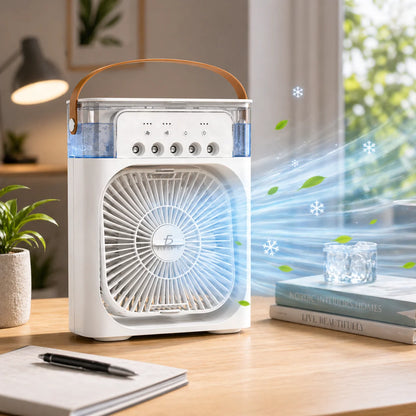 Abanico Mini aire acondicionado portátil USB con tanque de agua: 4 en 1 (ventilador, humidificador, luz LED). Con 3 velocidades, oscilación automática y temporizador de 2-6 horas. ¡Fresco, práctico y compacto para cualquier espacio!