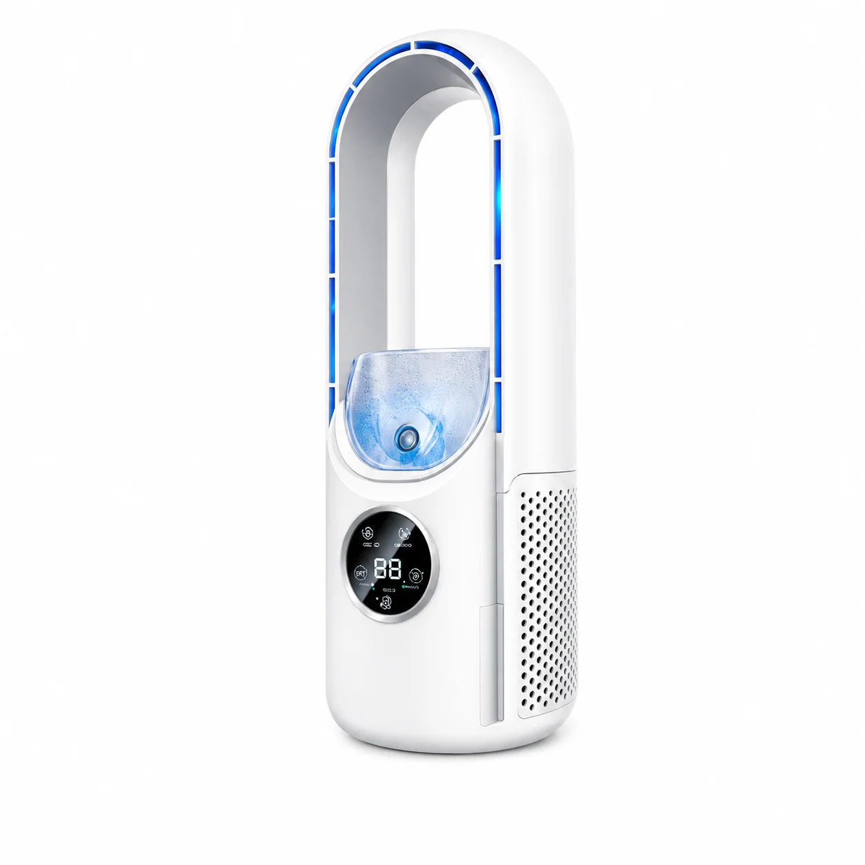 Mini ventilador sin aspas con humidificador y control digital de 6 niveles. Compacto, moderno y silencioso, ideal para refrescar cualquier espacio con comodidad y estilo.