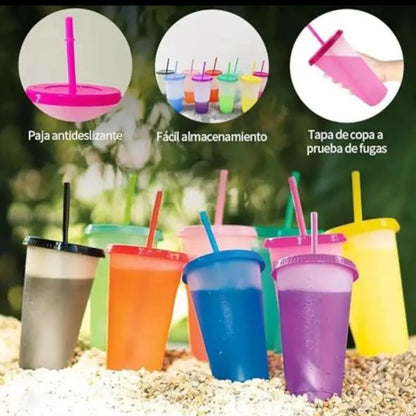 Vasos Mágicos 700 ml que Cambian de Color (10 pcs) Set de 10 vasos mágicos de 700 ml con tapa y popote. Cambian de color al contacto con la bebida, divertidos y prácticos para jugos, café frío, soda y más. Perfectos para fiestas o uso diario.