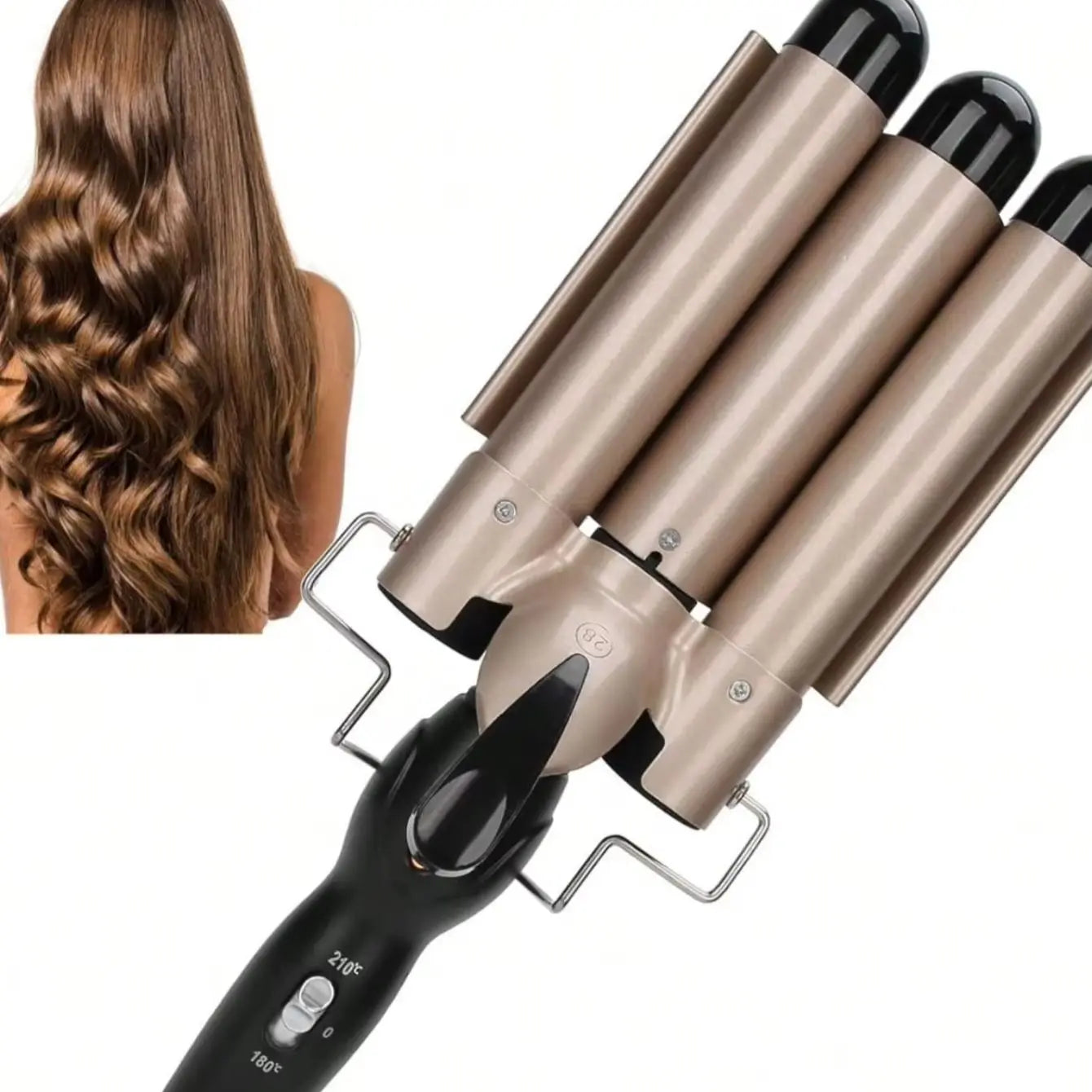 Rizadora Triple Barril 180°–210° Herramienta eléctrica para ondas definidas con temperatura ajustable de 180° a 210°. Diseño seguro anti-flama, ideal para peinados duraderos estilo francés en casa o barbería.