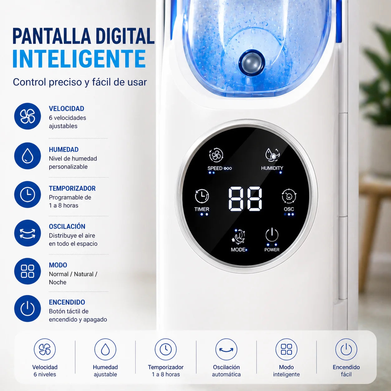 Mini ventilador sin aspas con humidificador y control digital de 6 niveles. Compacto, moderno y silencioso, ideal para refrescar cualquier espacio con comodidad y estilo.