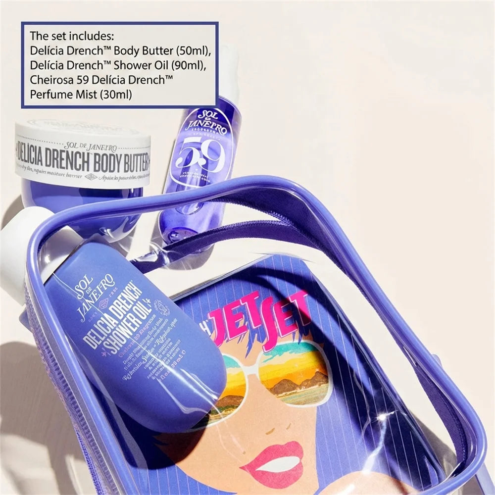 Set Sol de Janeiro: incluye mist de perfume 30ml, aceite de ducha 90ml y manteca corporal 50ml. Fragancias irresistibles y cuidado duradero para cabello y piel. ¡Luce y huele espectacular todo el día!