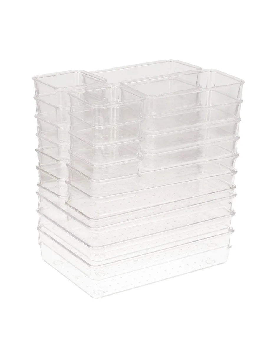 organizadores 25 transparentes Brandtrendy en 4 tamaños diferentes: apilables, duraderos y fáciles de limpiar. Perfectos para mantener en orden cajones de casa, oficina o escuela. ¡Organización práctica con estilo!