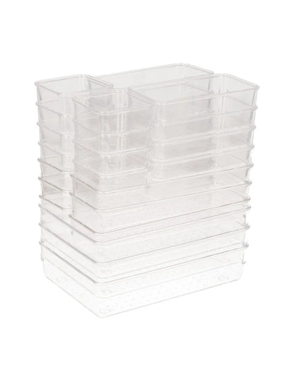 organizadores 25 transparentes Brandtrendy en 4 tamaños diferentes: apilables, duraderos y fáciles de limpiar. Perfectos para mantener en orden cajones de casa, oficina o escuela. ¡Organización práctica con estilo!