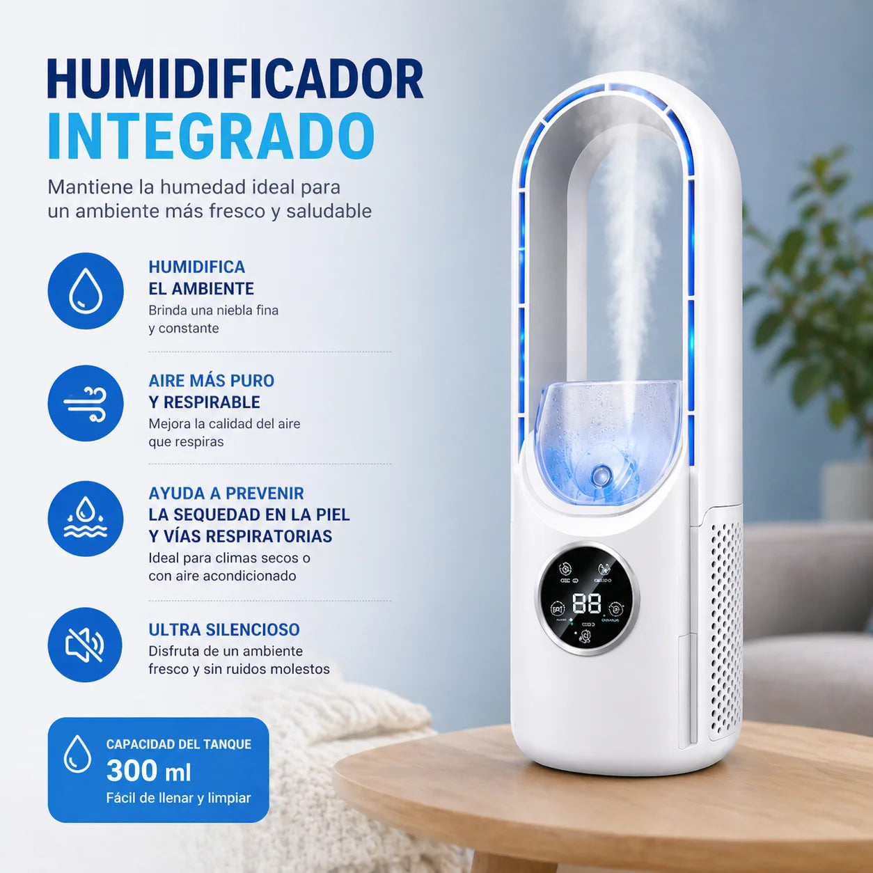 Mini ventilador sin aspas con humidificador y control digital de 6 niveles. Compacto, moderno y silencioso, ideal para refrescar cualquier espacio con comodidad y estilo.