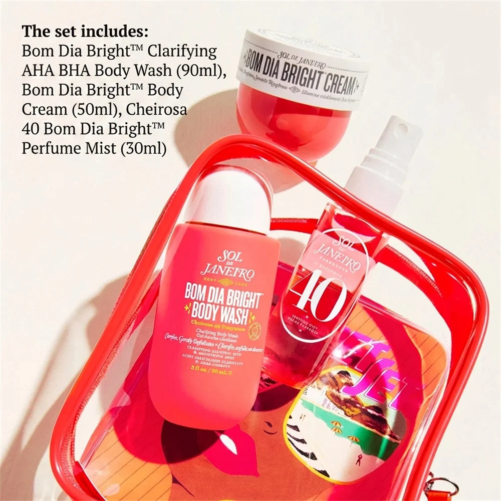 Set Sol de Janeiro: incluye mist de perfume 30ml, aceite de ducha 90ml y manteca corporal 50ml. Fragancias irresistibles y cuidado duradero para cabello y piel. ¡Luce y huele espectacular todo el día!