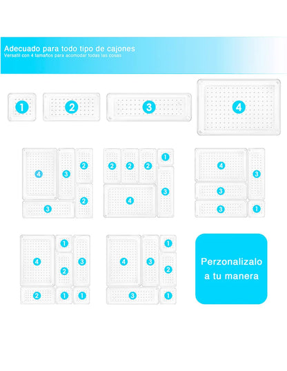 organizadores 25 transparentes Brandtrendy en 4 tamaños diferentes: apilables, duraderos y fáciles de limpiar. Perfectos para mantener en orden cajones de casa, oficina o escuela. ¡Organización práctica con estilo!