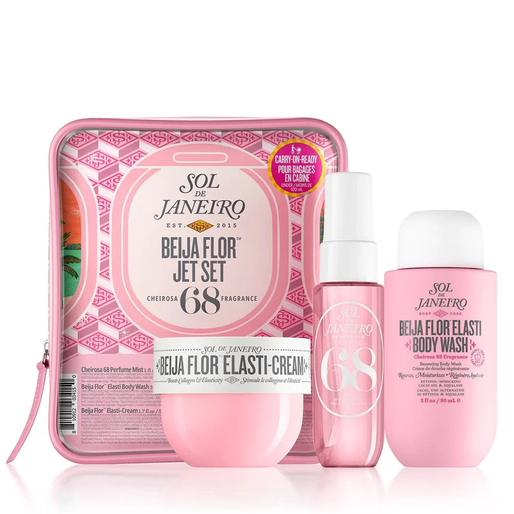 Set Sol de Janeiro: incluye mist de perfume 30ml, aceite de ducha 90ml y manteca corporal 50ml. Fragancias irresistibles y cuidado duradero para cabello y piel. ¡Luce y huele espectacular todo el día!