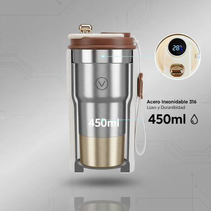 Termo inteligente de acero inoxidable 316 con pantalla LED de temperatura, 450ml. Mantiene café, té o agua a la temperatura ideal. Portátil, hermético y perfecto para oficina, gimnasio o viajes. ¡Tecnología y estilo en cada sorbo!