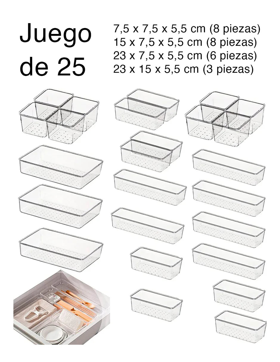 organizadores 25 transparentes Brandtrendy en 4 tamaños diferentes: apilables, duraderos y fáciles de limpiar. Perfectos para mantener en orden cajones de casa, oficina o escuela. ¡Organización práctica con estilo!