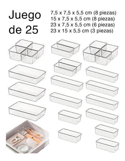 organizadores 25 transparentes Brandtrendy en 4 tamaños diferentes: apilables, duraderos y fáciles de limpiar. Perfectos para mantener en orden cajones de casa, oficina o escuela. ¡Organización práctica con estilo!