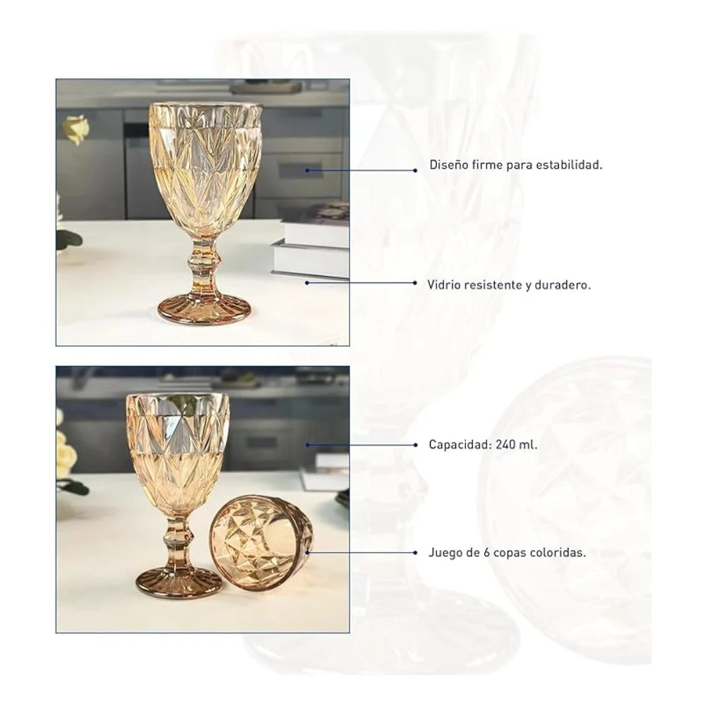 🥂 Set de 6 copas de vidrio ámbar 240ml: diseño elegante, resistente y perfecto para bebidas diarias o reuniones especiales. ¡Un toque retro que realza tu mesa!