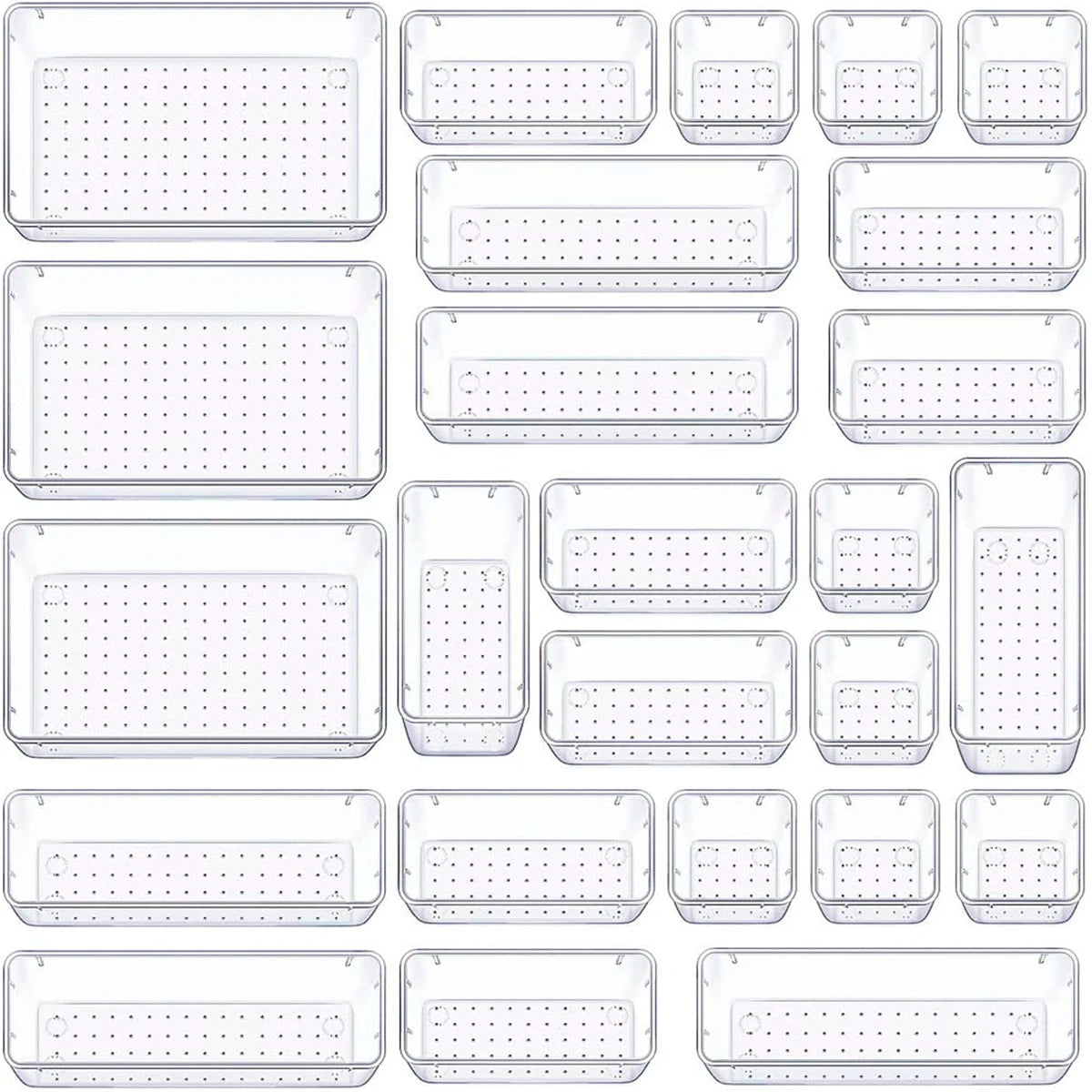 organizadores 25 transparentes Brandtrendy en 4 tamaños diferentes: apilables, duraderos y fáciles de limpiar. Perfectos para mantener en orden cajones de casa, oficina o escuela. ¡Organización práctica con estilo!