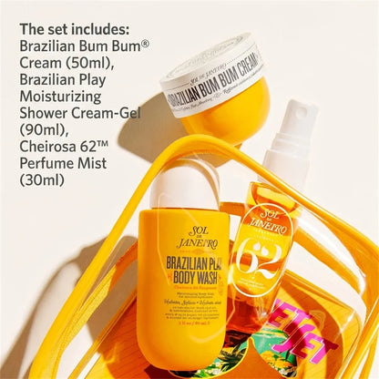Set Sol de Janeiro: incluye mist de perfume 30ml, aceite de ducha 90ml y manteca corporal 50ml. Fragancias irresistibles y cuidado duradero para cabello y piel. ¡Luce y huele espectacular todo el día!