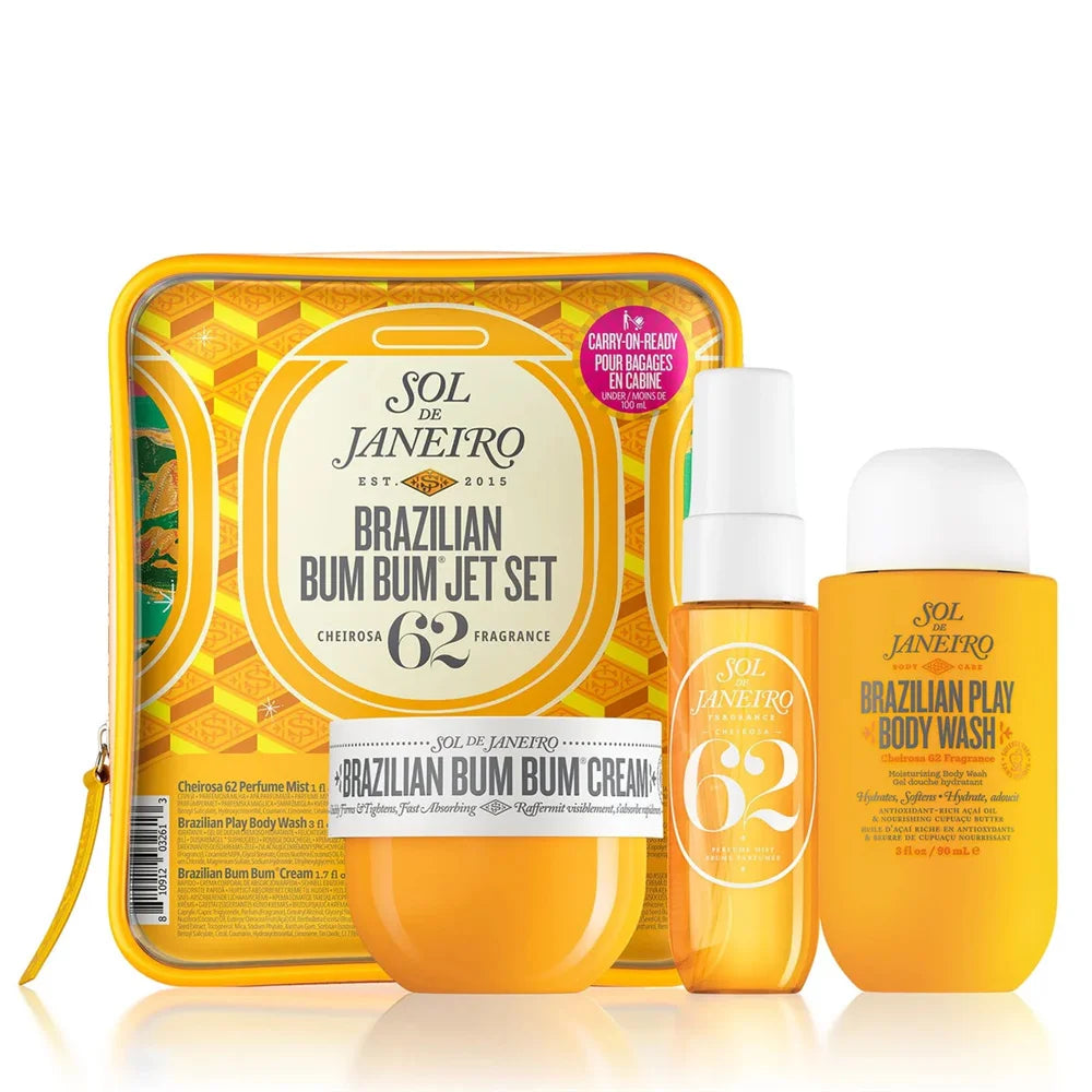 Set Sol de Janeiro: incluye mist de perfume 30ml, aceite de ducha 90ml y manteca corporal 50ml. Fragancias irresistibles y cuidado duradero para cabello y piel. ¡Luce y huele espectacular todo el día!