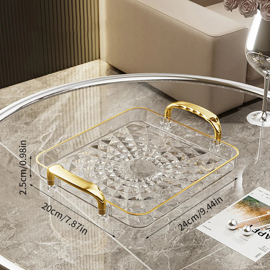 Bandeja plástica de gran capacidad con asas dobles. Ideal para postres, frutas, joyería o accesorios. Práctica y decorativa para organizar tu cocina o cualquier espacio del hogar.