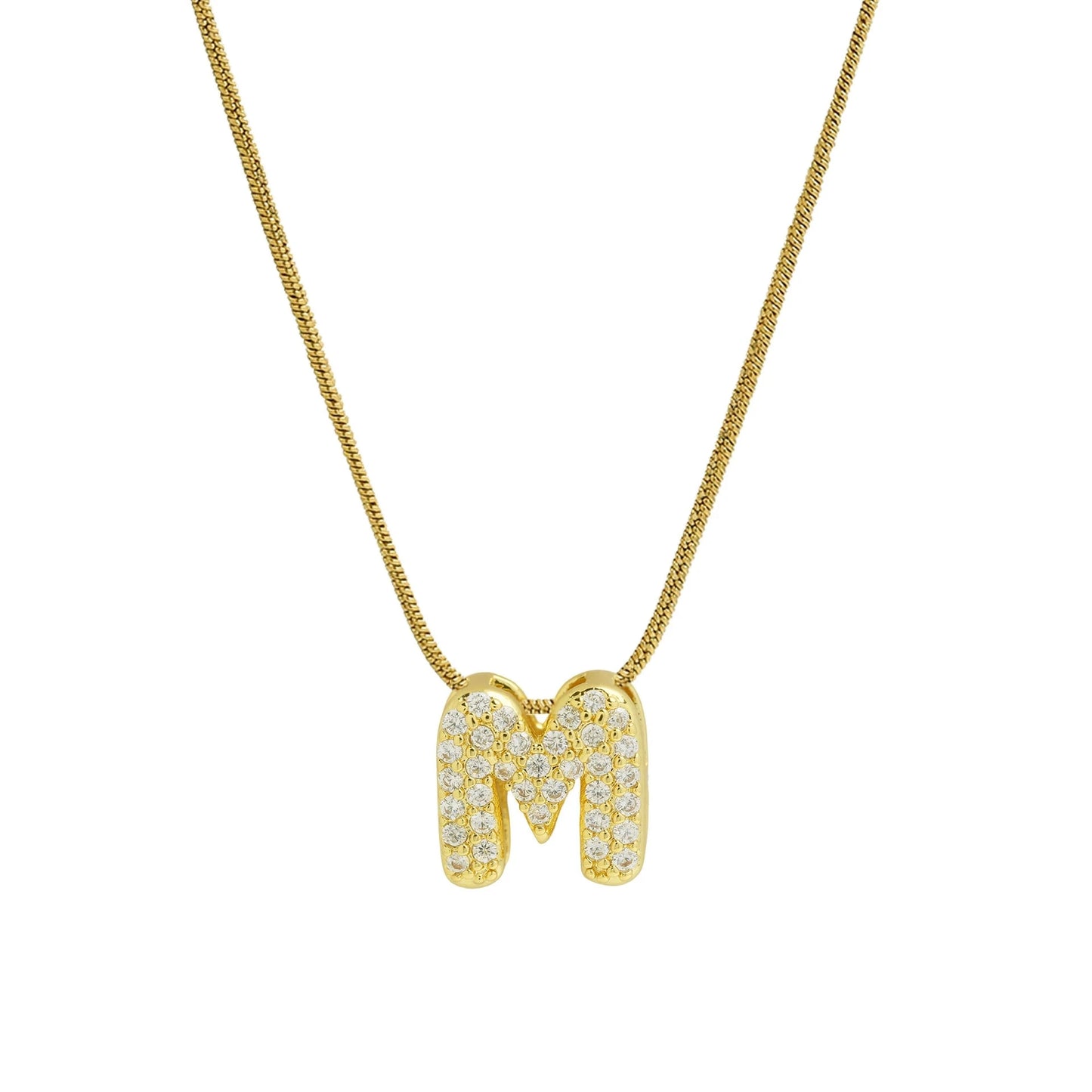 ✨ Collar inicial con letra inglesa, bañado en oro 18K y decorado con circonias incrustadas. Diseño puff/bubble llamativo, moderno y femenino, ideal para destacar tu estilo.