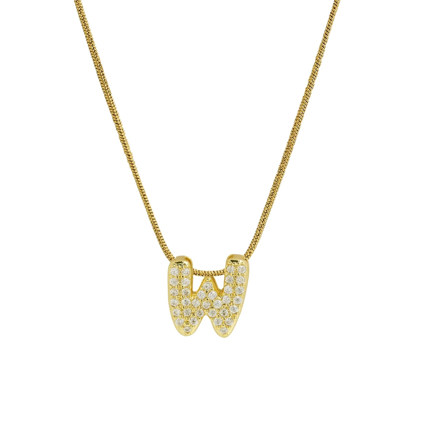 ✨ Collar inicial con letra inglesa, bañado en oro 18K y decorado con circonias incrustadas. Diseño puff/bubble llamativo, moderno y femenino, ideal para destacar tu estilo.