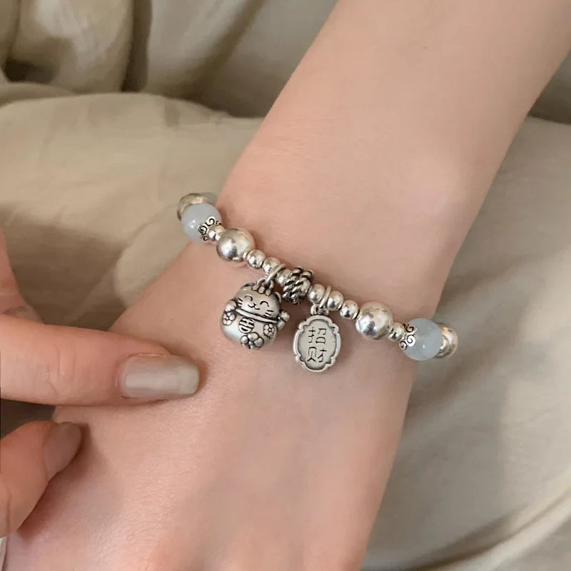 ✨Pulsera punk de plata 925 con cuentas geométricas e inscripción “Peace of Mind”. Diseño irregular y ajustable, ideal para mujer o niña. Joyería de moda perfecta como regalo especial.