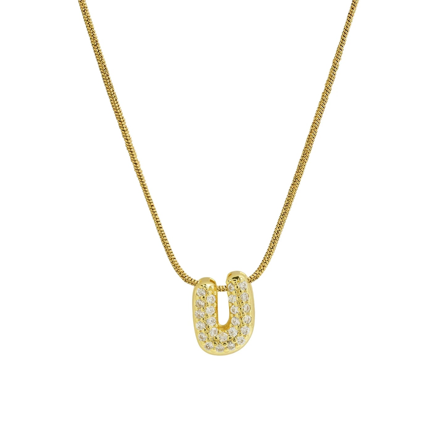 ✨ Collar inicial con letra inglesa, bañado en oro 18K y decorado con circonias incrustadas. Diseño puff/bubble llamativo, moderno y femenino, ideal para destacar tu estilo.