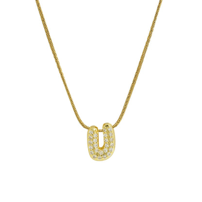 ✨ Collar inicial con letra inglesa, bañado en oro 18K y decorado con circonias incrustadas. Diseño puff/bubble llamativo, moderno y femenino, ideal para destacar tu estilo.