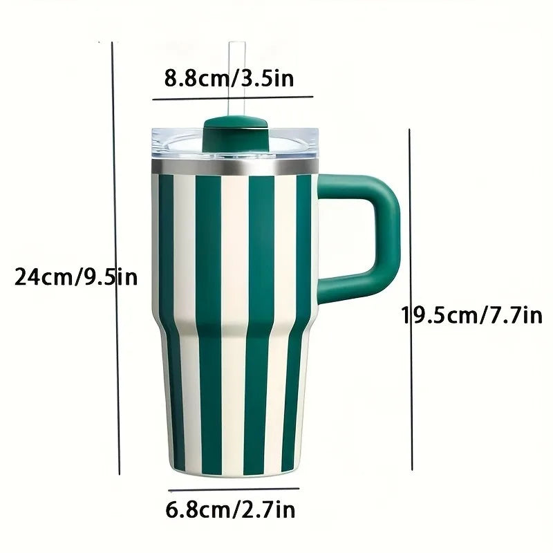 “Taza térmica retro estilo cerámica de 20oz, acero inoxidable con rayas, asa resistente y gran capacidad para café o bebidas en el coche.”
