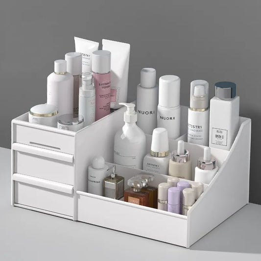 Caja Organizadora de Maquillaje con cajón para cosméticos y cuidado de la piel. Práctica para dormitorio o tocador, ideal para mantener tu espacio ordenado y elegante.