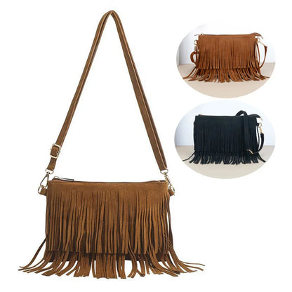 “Bolso cruzado vintage con borlas, estilo boho chic, versátil para uso diario o como regalo elegante.”