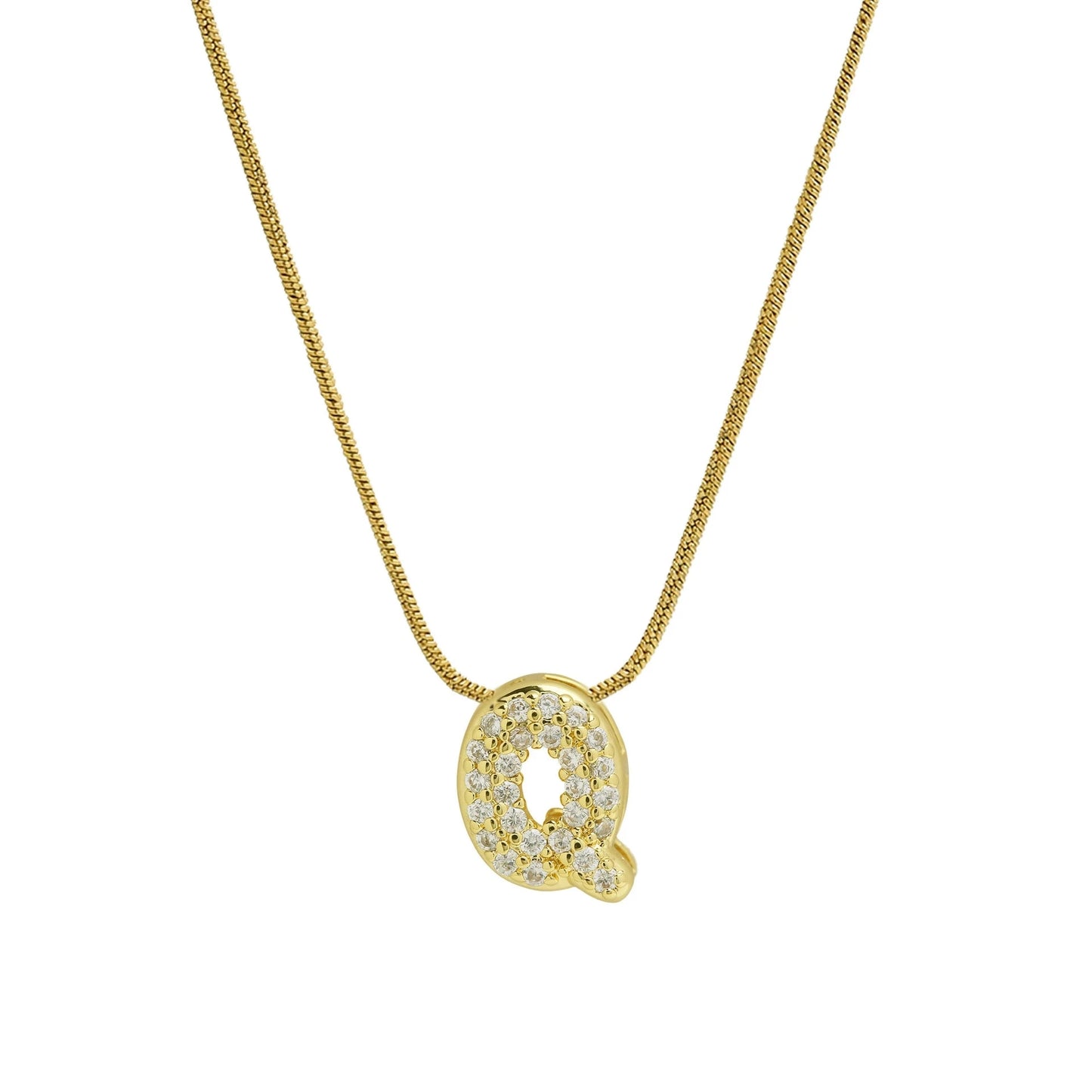 ✨ Collar inicial con letra inglesa, bañado en oro 18K y decorado con circonias incrustadas. Diseño puff/bubble llamativo, moderno y femenino, ideal para destacar tu estilo.