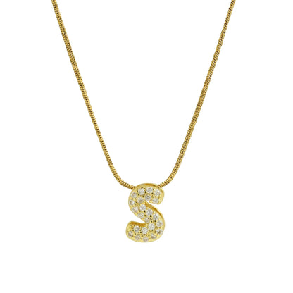 ✨ Collar inicial con letra inglesa, bañado en oro 18K y decorado con circonias incrustadas. Diseño puff/bubble llamativo, moderno y femenino, ideal para destacar tu estilo.