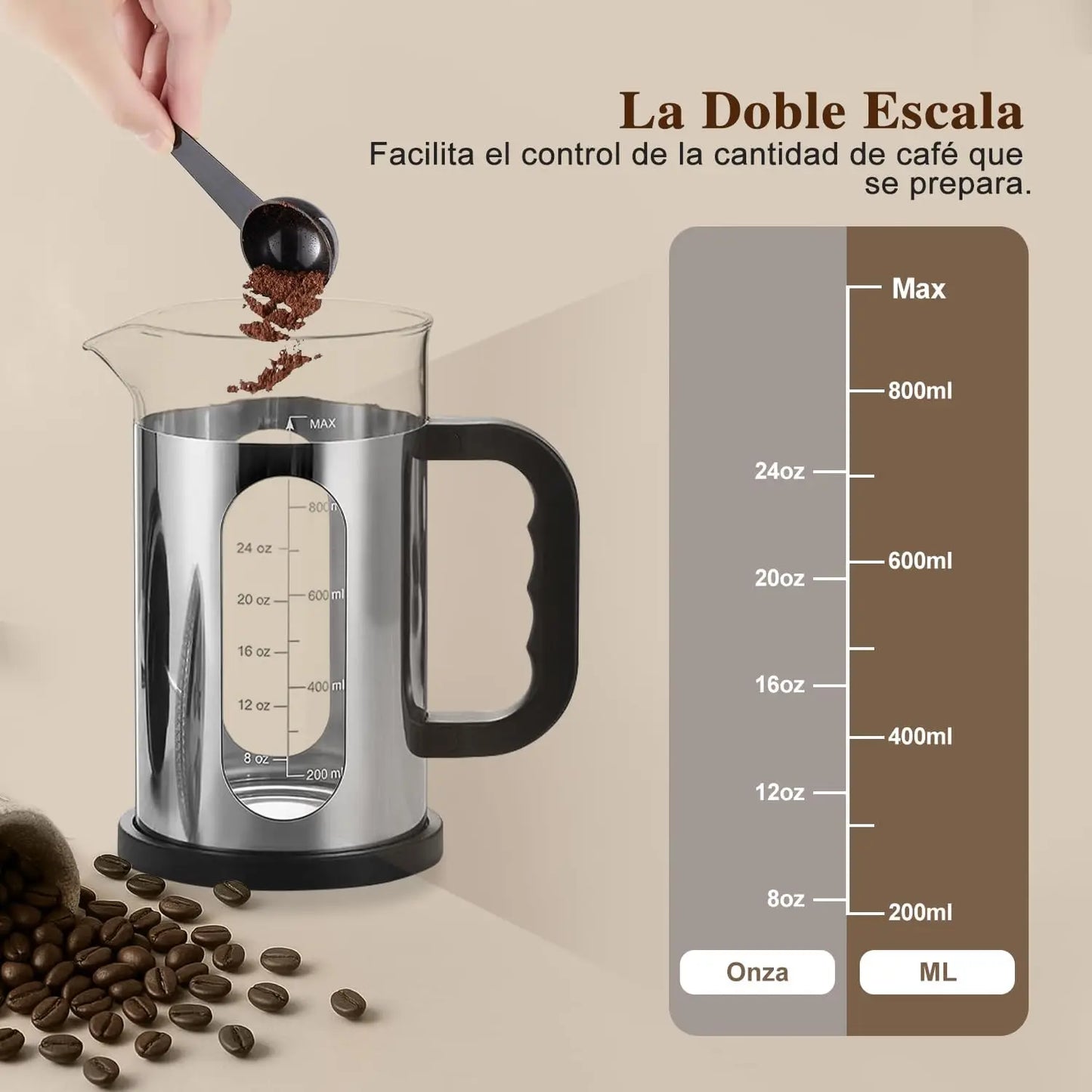 Prensa Francesa de Vidrio 1 L  cafetera de vidrio con émbolo de acero inoxidable y asa plástica. Filtro doble de malla para un café más puro y aromático. Diseño resistente y práctico, ideal para preparar café en casa o bar.