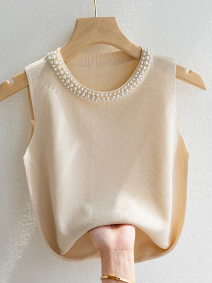 👚 Chaleco tejido estilo coreano para mujer. Top sin mangas con cuentas decorativas, diseño sólido y ligero. Perfecto para verano, casual y a la moda.
